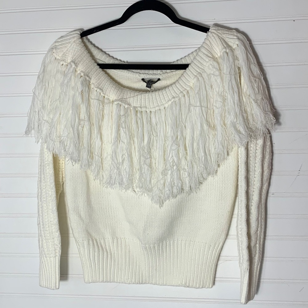 Cream White Fringe Off Shoulder Sweater Knit Pullover Long Sleeve Women's Small